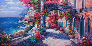 Positano painting,Italian painter "Blooming in the alleyway" original painter Ernesto De Michele