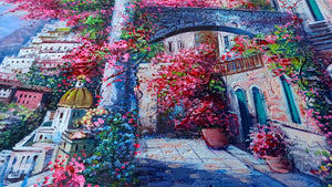 Positano painting,Italian painter "Blooming in the alleyway" original painter Ernesto De Michele