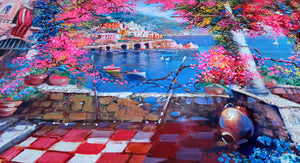 Amalfi painting,Italian painter "Flowering on the coast" original painter Ernesto De Michele