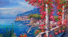 Load image into Gallery viewer, Sorrento painting,Italian painter &quot;Flowery terrace on the gulf&quot; original painter Ernesto De Michele
