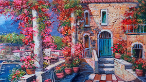 Sorrento painting,Italian painter "Flowery terrace on the gulf" original painter Ernesto De Michele