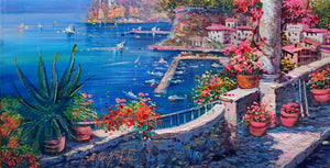 Sorrento painting,Italian painter "Flowery terrace on the gulf" original painter Ernesto De Michele