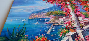 Sorrento painting,Italian painter "Flowery terrace on the gulf" original painter Ernesto De Michele