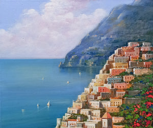 Positano painting, "Vertical view of the coast" original by Ernesto De Michele Amalfitan Coast