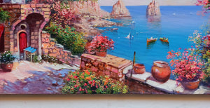 Capri painting,Italian painter "Flowery window on the sea stacks" original painter Ernesto De Michele