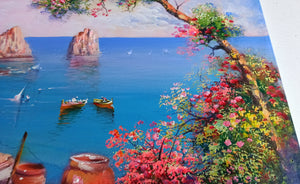 Capri painting,Italian painter "Flowery window on the sea stacks" original painter Ernesto De Michele