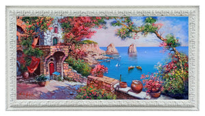 Capri painting,Italian painter "Flowery window on the sea stacks" original painter Ernesto De Michele