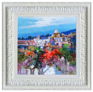 Amalfitan Coast painting,"Flowering in the village" by Mario Smeraglia,Italian painter,original Italy landscape