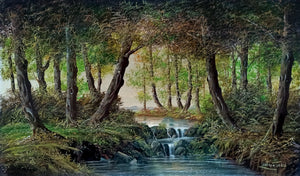 Glade with waterfall old painting original oil canvas Luciano Torsi 1937 Italian painter