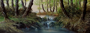 Glade with waterfall old painting original oil canvas Luciano Torsi 1937 Italian painter