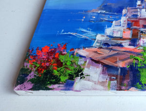 Amalfitan Coast painting,"The blue coast" by Mario Smeraglia,Italian painter,original Italy landscape (copia)