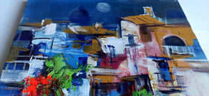 Amalfitan Coast painting,"Full moon on the village" by Mario Smeraglia,Italian painter,original Italy landscape