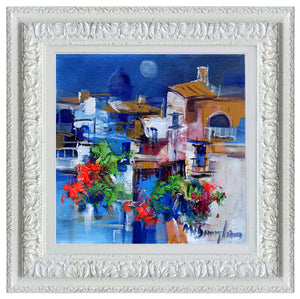 Amalfitan Coast painting,"Full moon on the village" by Mario Smeraglia,Italian painter,original Italy landscape