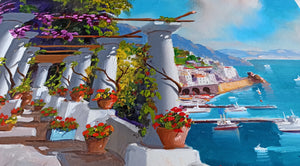 Amalfi painting, by Italian painter Silvio Valli "Old terrace with flowers",Italian painting,Amalfitan Coast