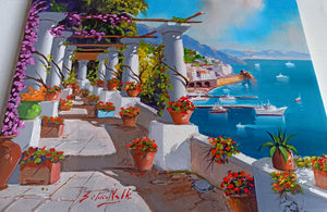 Amalfi painting, by Italian painter Silvio Valli "Old terrace with flowers",Italian painting,Amalfitan Coast