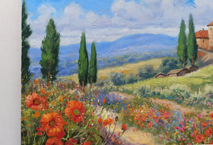 Tuscany painting by Domenico Ronca painter "Quiet flowery path" oil canvas original Toscana landscape