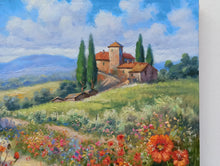 Load image into Gallery viewer, Tuscany painting by Domenico Ronca painter &quot;Quiet flowery path&quot; oil canvas original Toscana landscape
