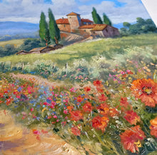 Load image into Gallery viewer, Tuscany painting by Domenico Ronca painter &quot;Quiet flowery path&quot; oil canvas original Toscana landscape
