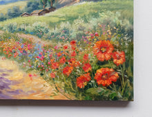 Load image into Gallery viewer, Tuscany painting by Domenico Ronca painter &quot;Quiet flowery path&quot; oil canvas original Toscana landscape
