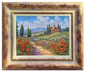 Tuscany painting by Domenico Ronca painter "Quiet flowery path" oil canvas original Toscana landscape