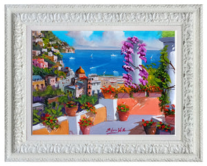 Positano painting, by Silvio Valli painter "Flowering on the coast",Italian painting,Amalfitan Coast