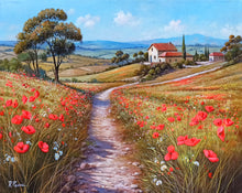 Load image into Gallery viewer, Tuscany painting landscape by Raimondo Pacini &quot;The path of daisies &amp; poppies&quot; Toscana artwork impressionist oil canvas
