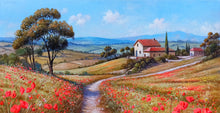 Load image into Gallery viewer, Tuscany painting landscape by Raimondo Pacini &quot;The path of daisies &amp; poppies&quot; Toscana artwork impressionist oil canvas
