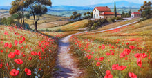 Load image into Gallery viewer, Tuscany painting landscape by Raimondo Pacini &quot;The path of daisies &amp; poppies&quot; Toscana artwork impressionist oil canvas
