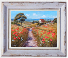 Load image into Gallery viewer, Tuscany painting landscape by Raimondo Pacini &quot;The path of daisies &amp; poppies&quot; Toscana artwork impressionist oil canvas
