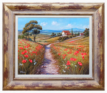 Load image into Gallery viewer, Tuscany painting landscape by Raimondo Pacini &quot;The path of daisies &amp; poppies&quot; Toscana artwork impressionist oil canvas
