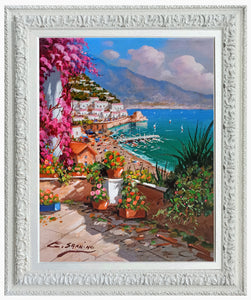 Amalfi painting by Gio Sannino painter "Flowey terrace - vertical version" original canvas Italy