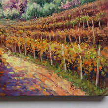 Load image into Gallery viewer, Tuscany painting landscape by Domenico Ronca painter &quot;Vertical autumn vineyard&quot; oil canvas original Toscana
