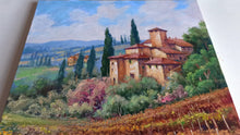 Load image into Gallery viewer, Tuscany painting landscape by Domenico Ronca painter &quot;Vertical autumn vineyard&quot; oil canvas original Toscana
