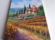 Load image into Gallery viewer, Tuscany painting landscape by Domenico Ronca painter &quot;Vertical autumn vineyard&quot; oil canvas original Toscana
