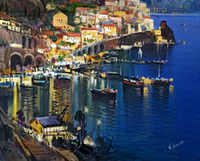 Load image into Gallery viewer, Amalfi painting by Vincenzo Somma &quot;Seaside by night&quot; original canvas artwork Italy

