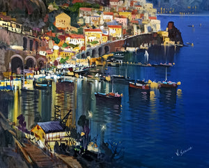 Amalfi painting by Vincenzo Somma "Seaside by night" original canvas artwork Italy
