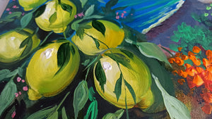 Positano painting by Vincenzo Somma "Lemons & flowers" original canvas artwork Italy
