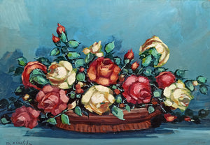 Basket with roses old painting original painter Aldo Lopez Luxardo 1921 vintage artwork