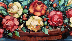 Basket with roses old painting original painter Aldo Lopez Luxardo 1921 vintage artwork
