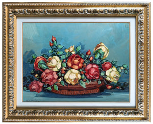 Basket with roses old painting original painter Aldo Lopez Luxardo 1921 vintage artwork