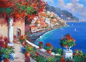 Amalfitan Coast painting by Vincenzo Somma "Seaside with flowers" original canvas artwork Italy