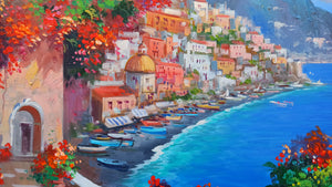 Amalfitan Coast painting by Vincenzo Somma "Seaside with flowers" original canvas artwork Italy