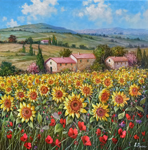 Tuscany painting landscape by Raimondo Pacini "Sunflowers in blooming" Toscana artwork impressionist oil canvas