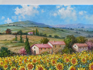 Tuscany painting landscape by Raimondo Pacini "Sunflowers in blooming" Toscana artwork impressionist oil canvas