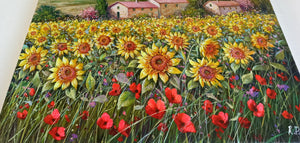 Tuscany painting landscape by Raimondo Pacini "Sunflowers in blooming" Toscana artwork impressionist oil canvas