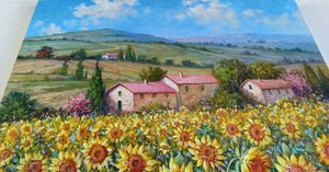 Tuscany painting landscape by Raimondo Pacini "Sunflowers in blooming" Toscana artwork impressionist oil canvas