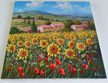 Load image into Gallery viewer, Tuscany painting landscape by Raimondo Pacini &quot;Sunflowers in blooming&quot; Toscana artwork impressionist oil canvas
