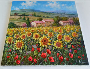 Tuscany painting landscape by Raimondo Pacini "Sunflowers in blooming" Toscana artwork impressionist oil canvas