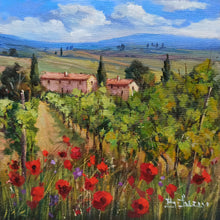 Load image into Gallery viewer, Tuscany painting by Bruno Chirici &quot;Vineyard and red poppies&quot; Toscana artwork landscape oil canvas
