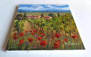 Tuscany painting by Bruno Chirici "Vineyard and red poppies" Toscana artwork landscape oil canvas